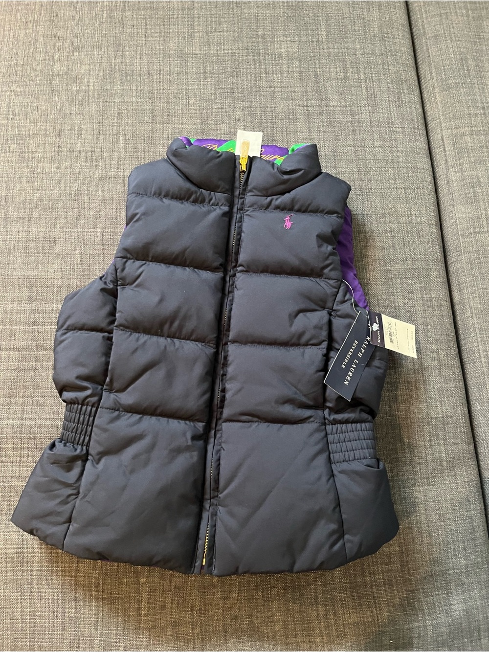 Ralph Lauren Girls Navy Puffer Vest with Purple Accent